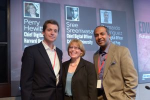 Bernardo Rodriguez (Kaplan), Perry Hewitt (Harvard) and Sree Sreenivasan (Columbia) at the Chief Digital Officer Summit